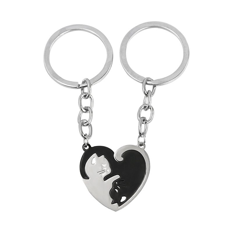 Love Heart Black White Cats Stainless Steel Couple...