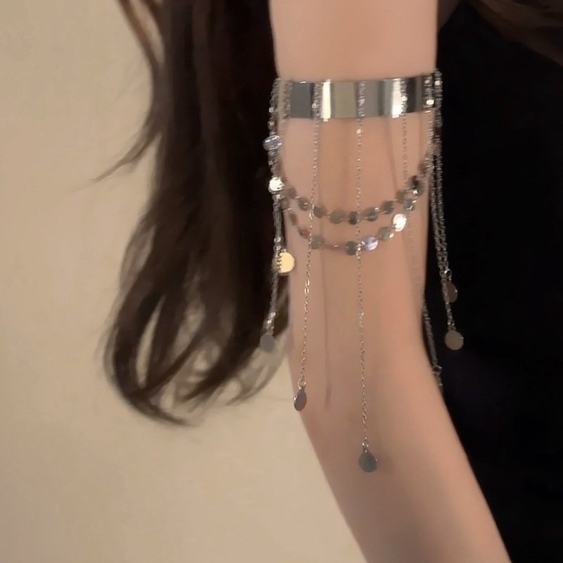 Metal Disc Tassel Open-ended Bracelet Bangle