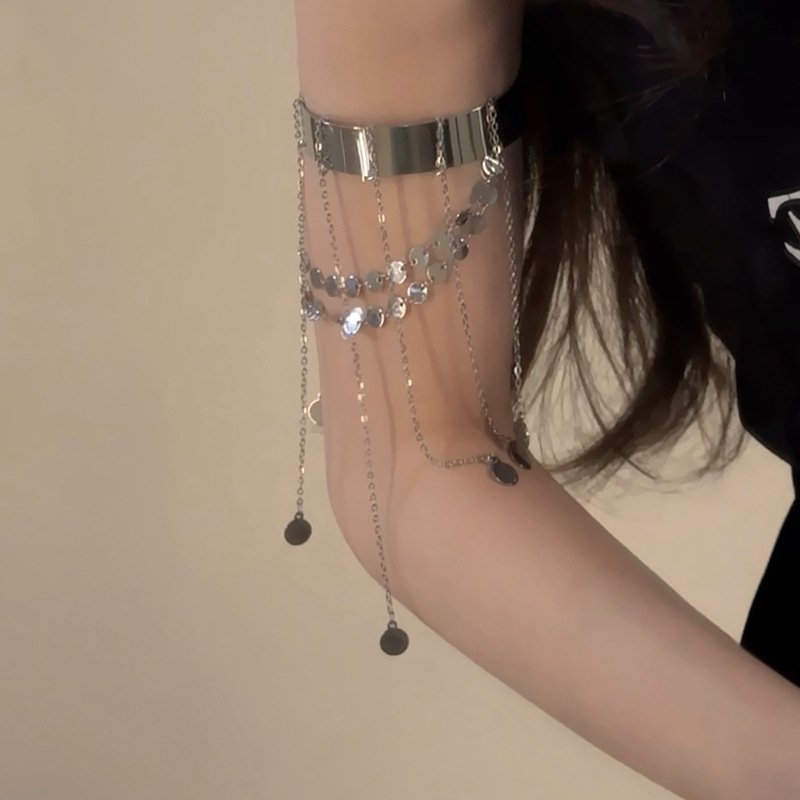 Metal Disc Tassel Open-ended Bracelet Bangle