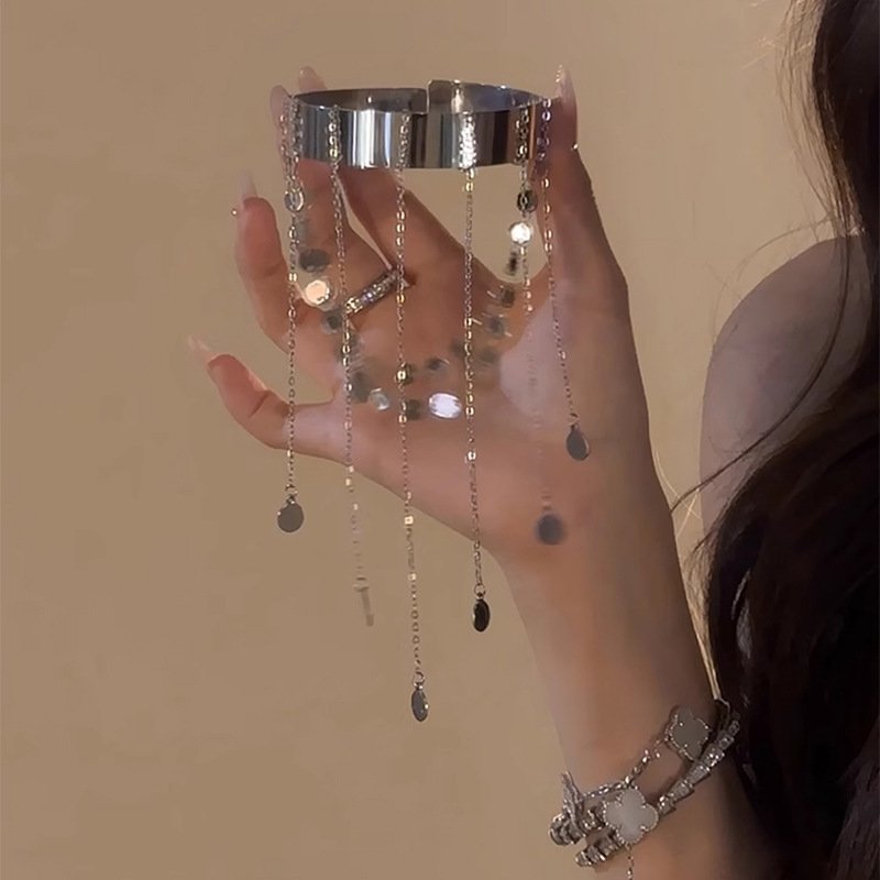 Metal Disc Tassel Open-ended Bracelet Bangle