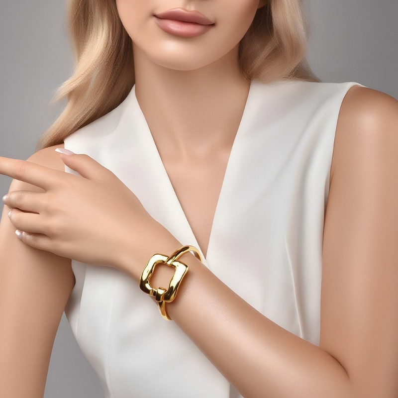 Minimal Interlocking Square Buckle Bangle For Women, High Polish Gold Plated Adjustable Cuff Bracelet, Elegant Daily Fashion Jewelry