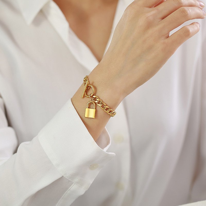 Stainless Steel Lock Bracelet Gold OT Buckle Thick...