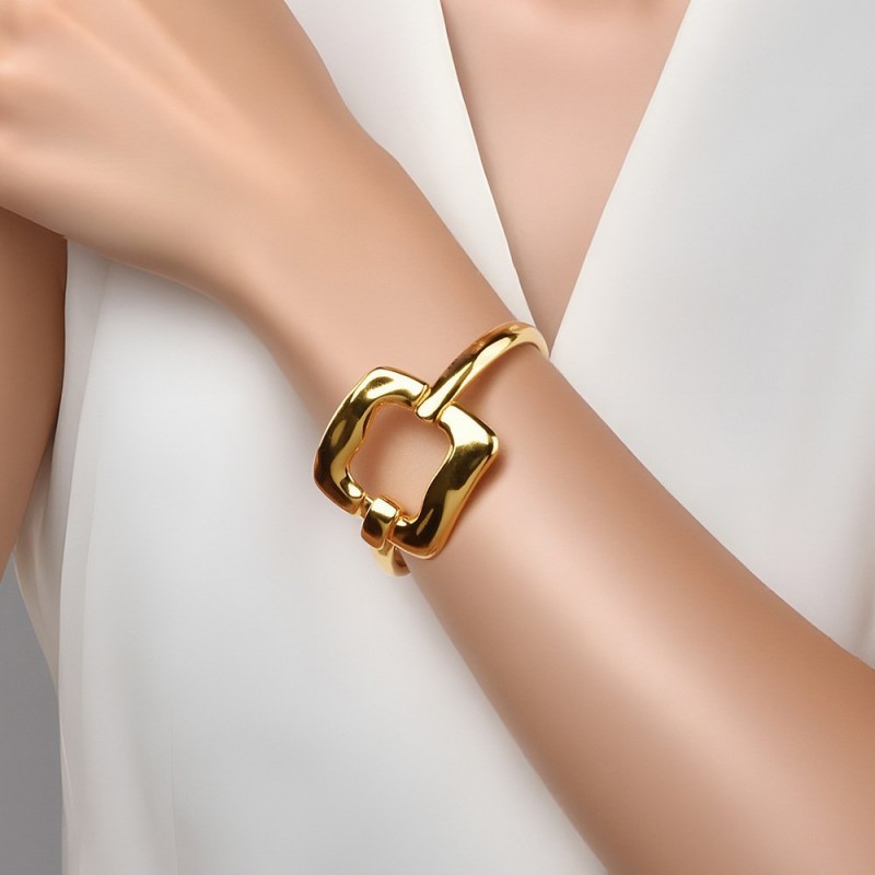 Minimal Interlocking Square Buckle Bangle For Women, High Polish Gold Plated Adjustable Cuff Bracelet, Elegant Daily Fashion Jewelry